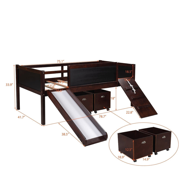 Climbing Frame Dark Brown Twin Size Loft Bed with Slide and Storage Boxes Image 6