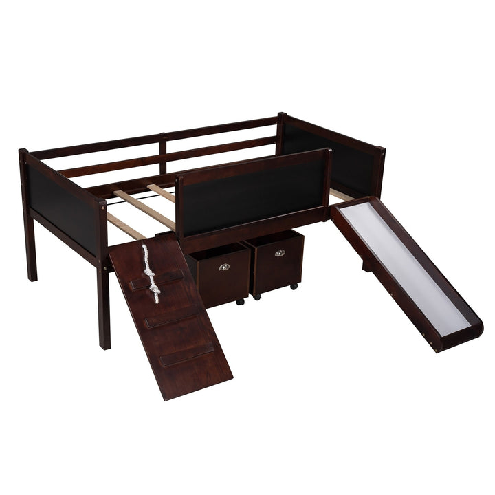 Climbing Frame Dark Brown Twin Size Loft Bed with Slide and Storage Boxes Image 7