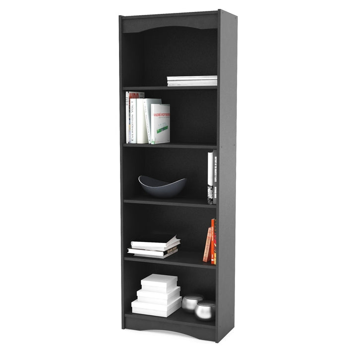 Contemporary Black Bookcase with 5 Shelves and Curved Accents Image 1