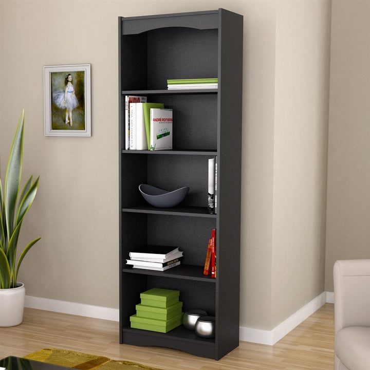 Contemporary Black Bookcase with 5 Shelves and Curved Accents Image 2