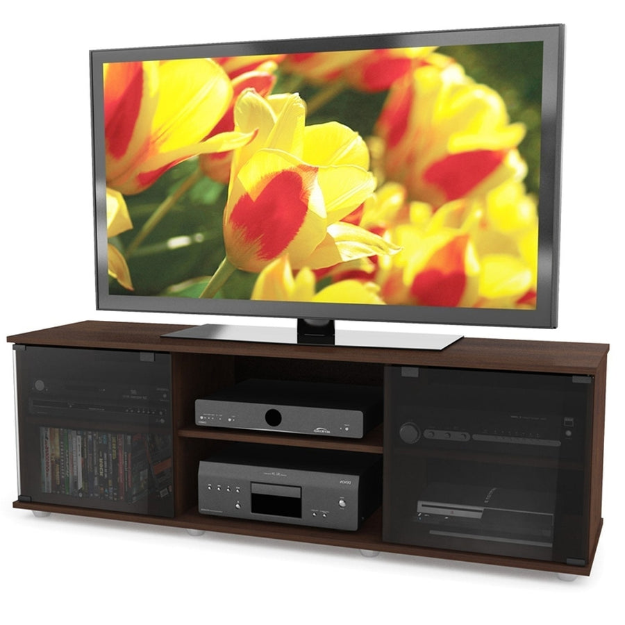 Contemporary Brown TV Stand with Glass Doors - Fits TVs up to 64-inch Image 1