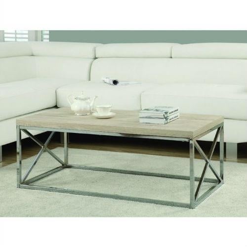 Contemporary Chrome Metal Coffee Table with Natural Finish Wood Top Image 1