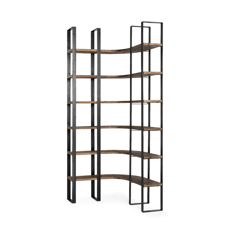 Curved Dark Brown Wood And Black Iron 6 Shelving Unit Image 1