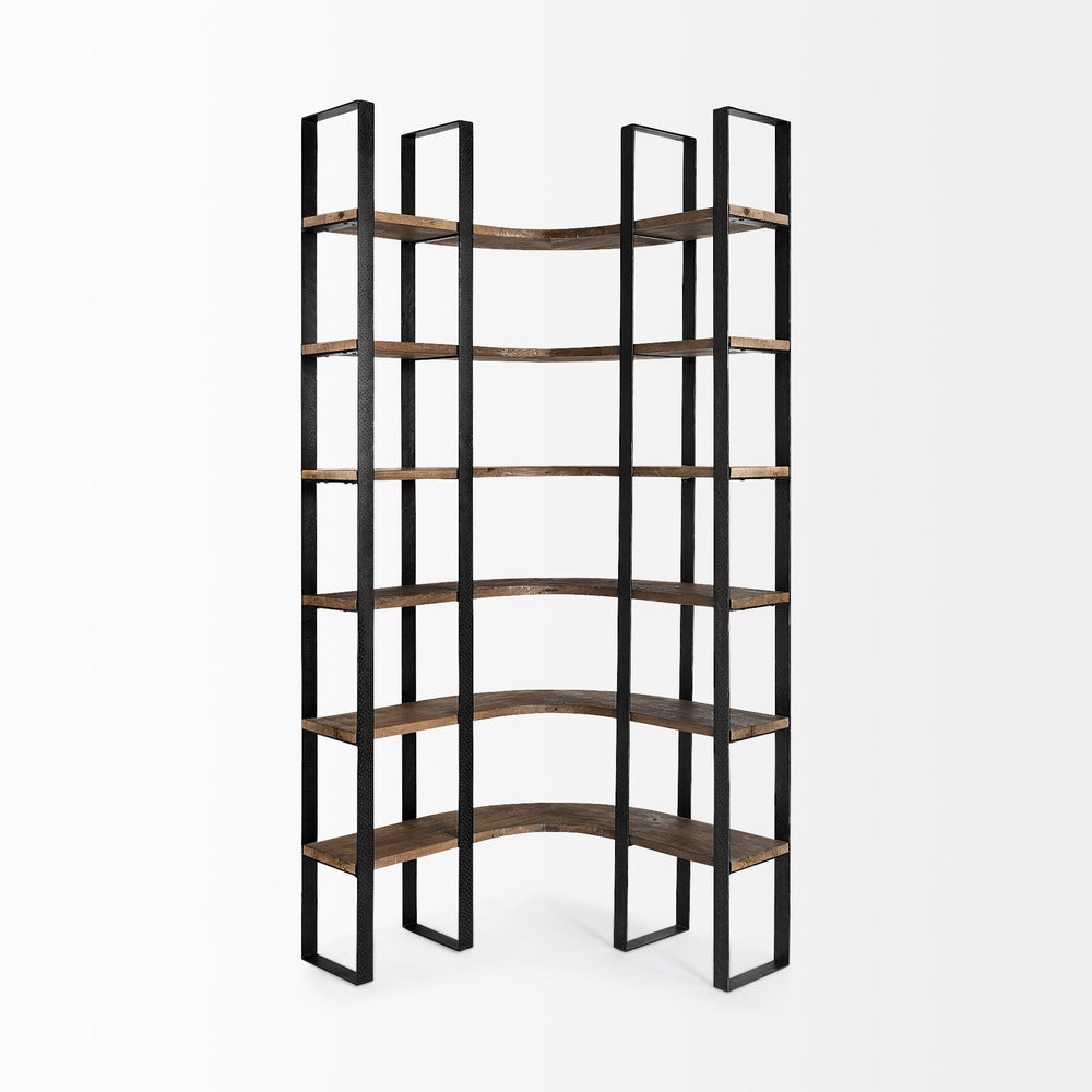 Curved Dark Brown Wood And Black Iron 6 Shelving Unit Image 2