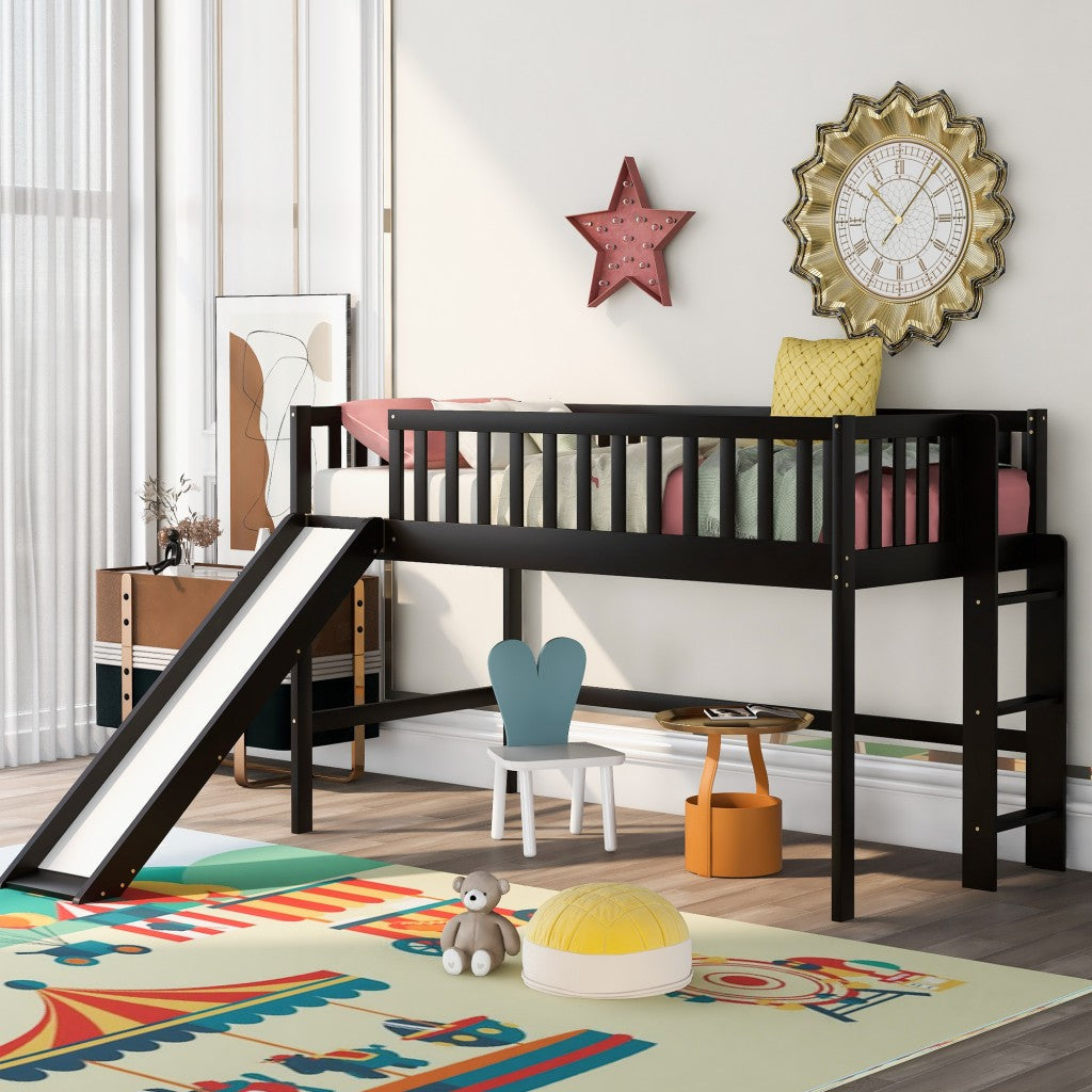 Dark Brown Twin Size Loft Bed with Slide Image 1