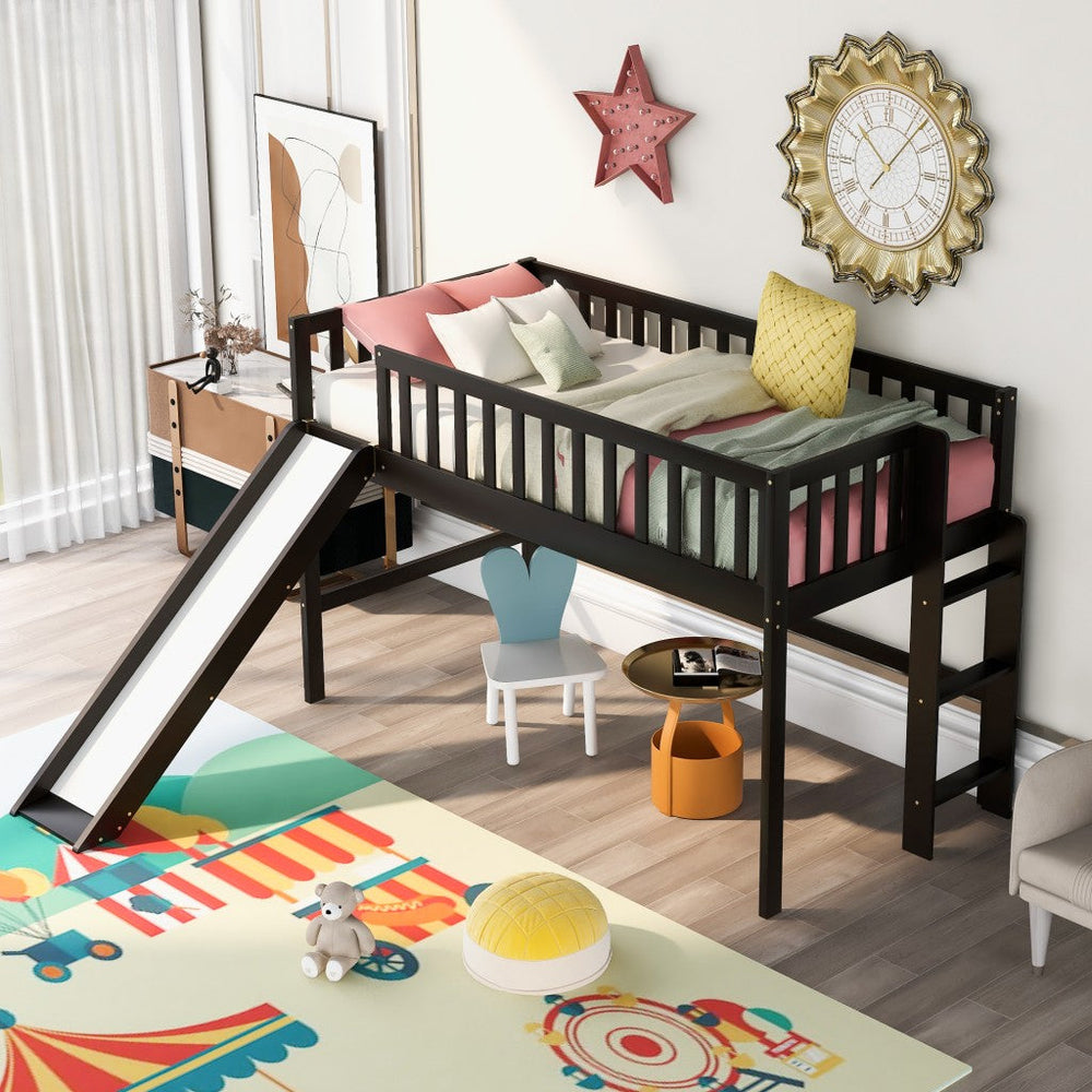 Dark Brown Twin Size Loft Bed with Slide Image 2