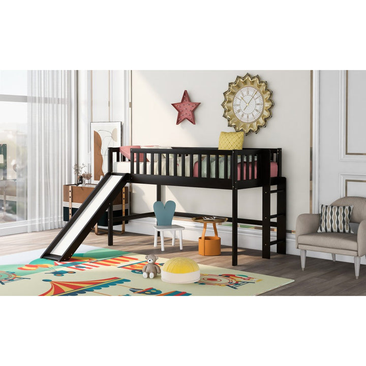 Dark Brown Twin Size Loft Bed with Slide Image 4