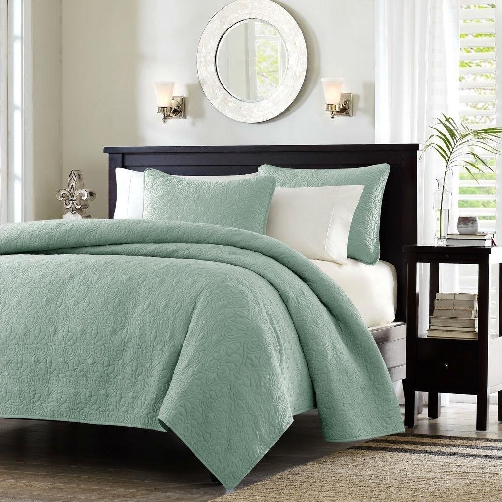 King size Seafoam Green Blue Coverlet Set with Quilted Floral Pattern Image 2