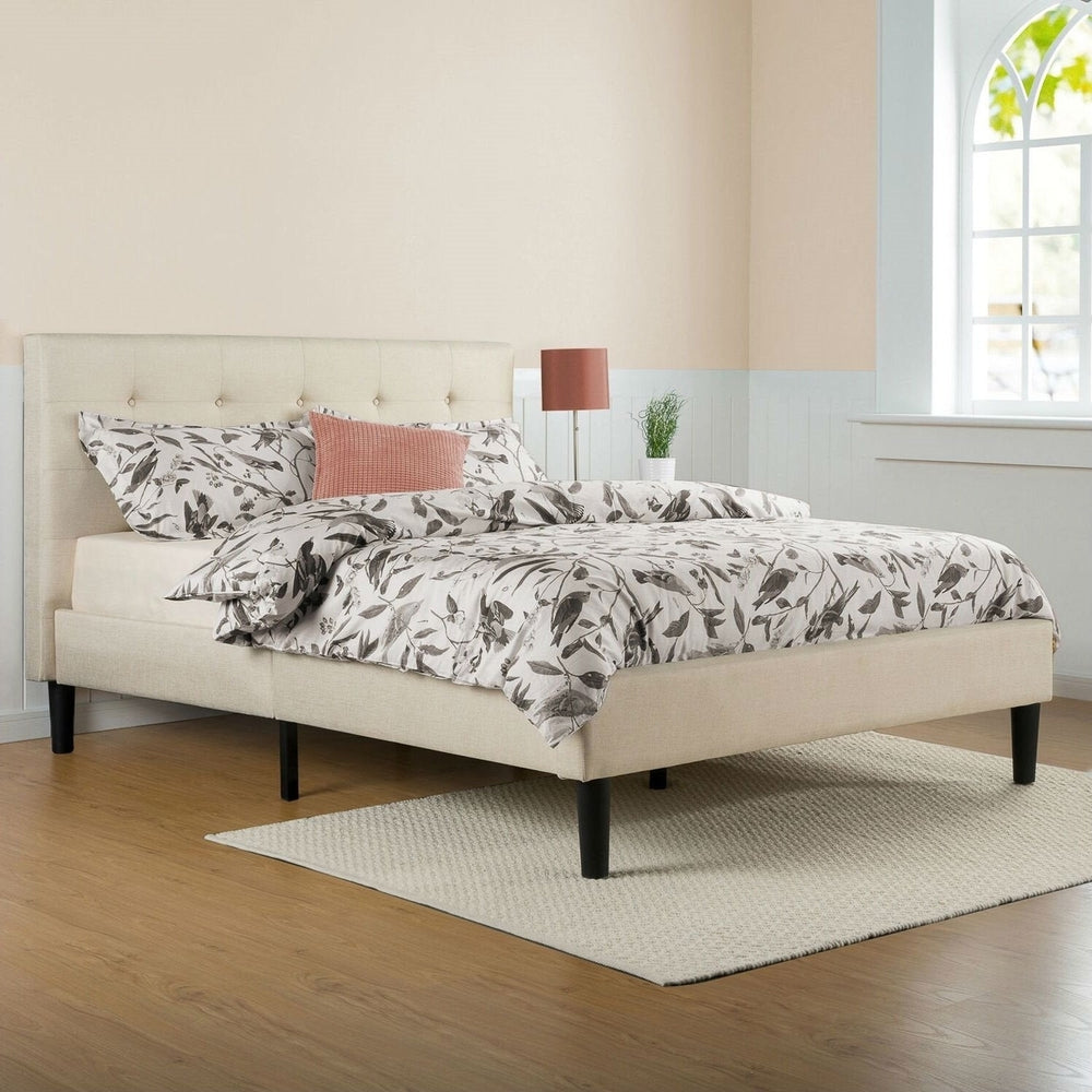 King size Taupe Beige Upholstered Platform Bed Frame with Headboard Image 2