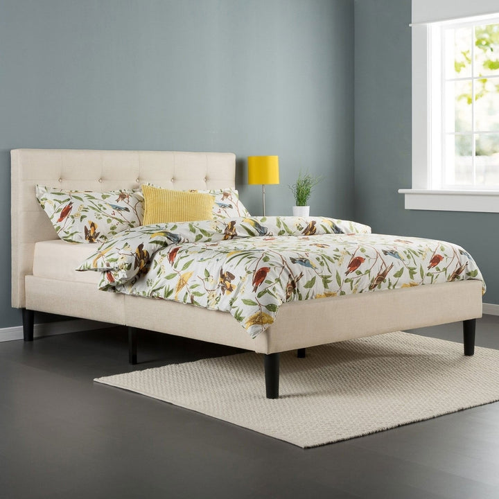 King size Upholstered Platform Bed Frame with Button Tufted Headboard in Taupe Image 4