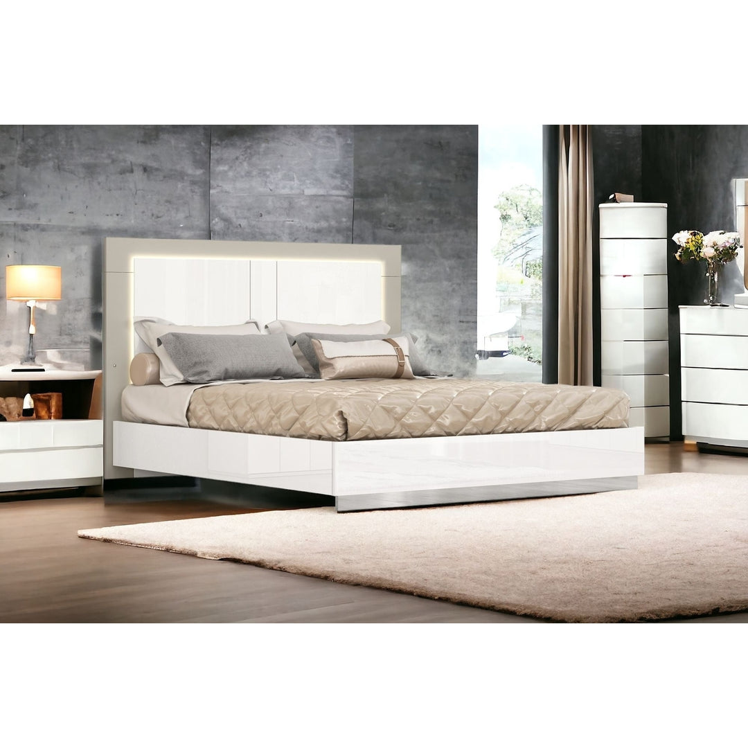 King White High Gloss Bed Frame with LED Headboard Image 9