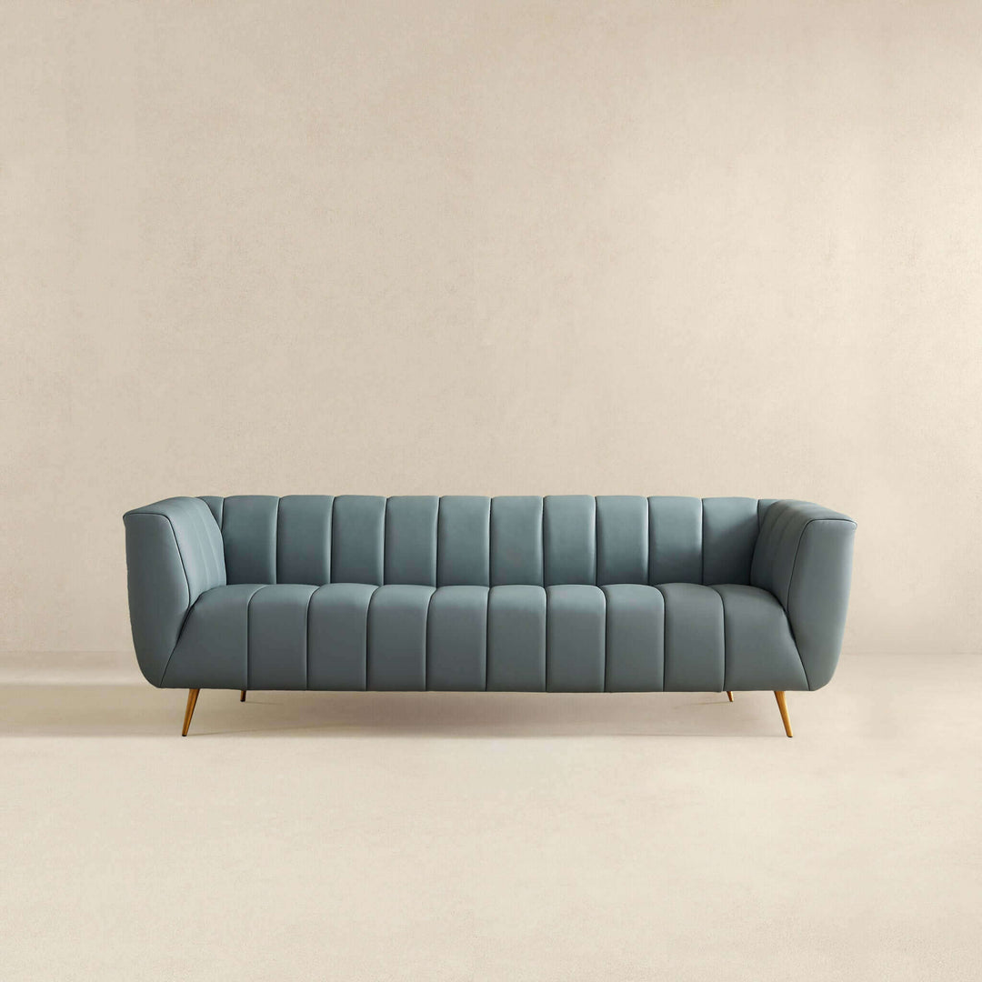 LaMattina Genuine Italian Blue Leather Channel Tufted Sofa Image 4