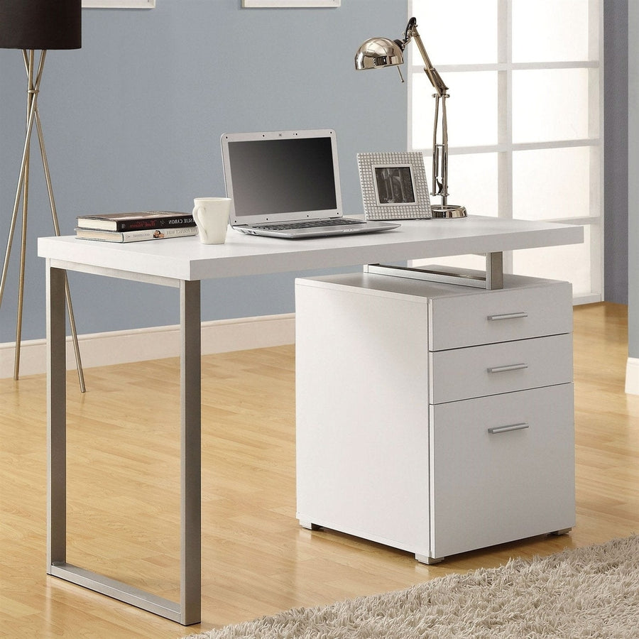 Left or Right Facing Modern Office Desk in White Finish with File Drawers Image 1