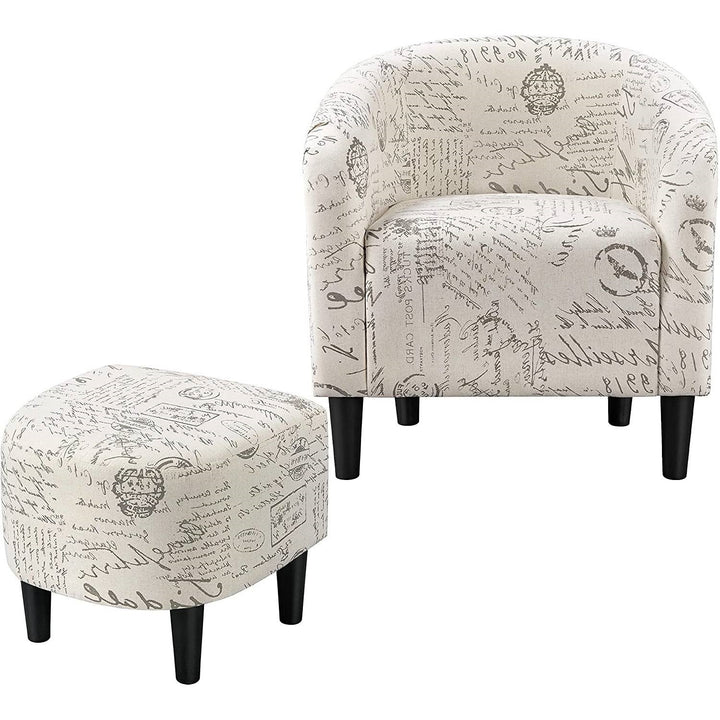 Letter Print French Upholstered Barrel Chair and Ottoman Set Image 1