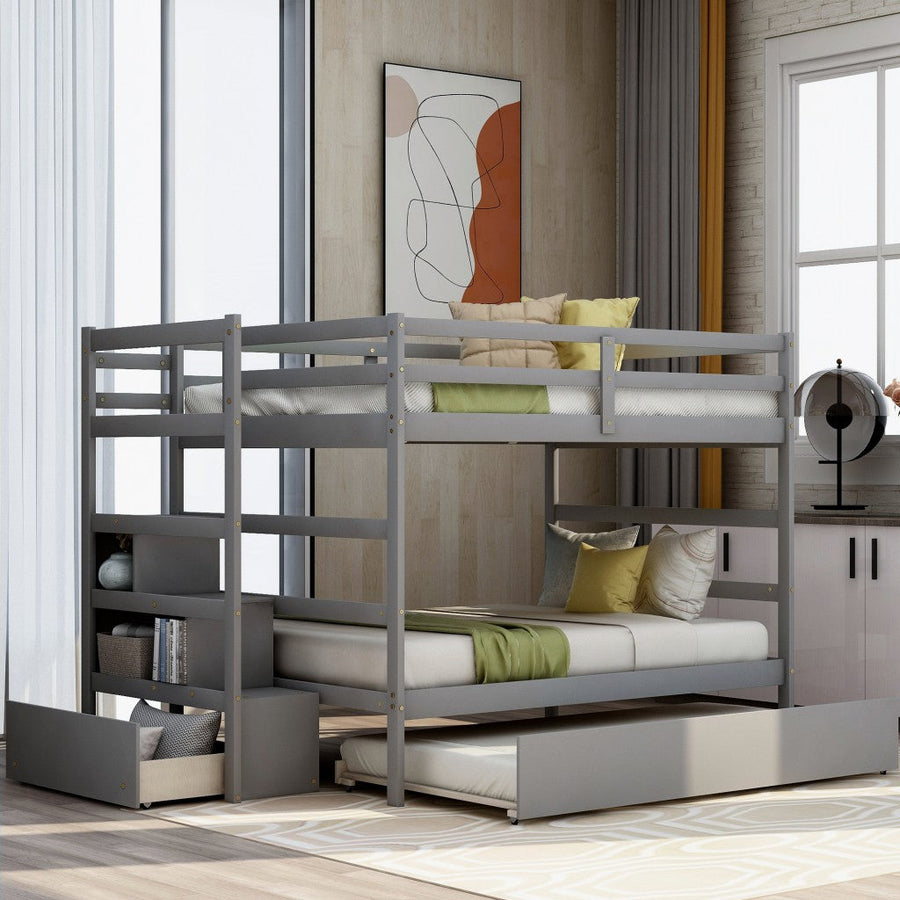 Gray Full Over Full Contemporary Bunk Bed With Stairs Image 1