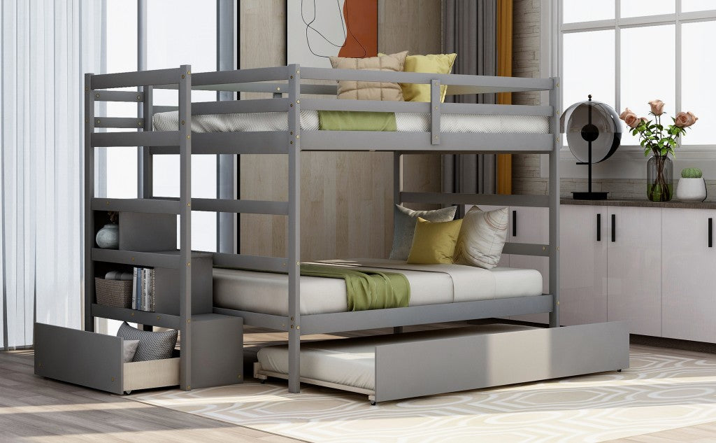 Gray Full Over Full Contemporary Bunk Bed With Stairs Image 4