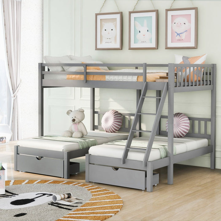 Gray Full Over Double Twin Triple Bunk Beds with Drawers Image 1