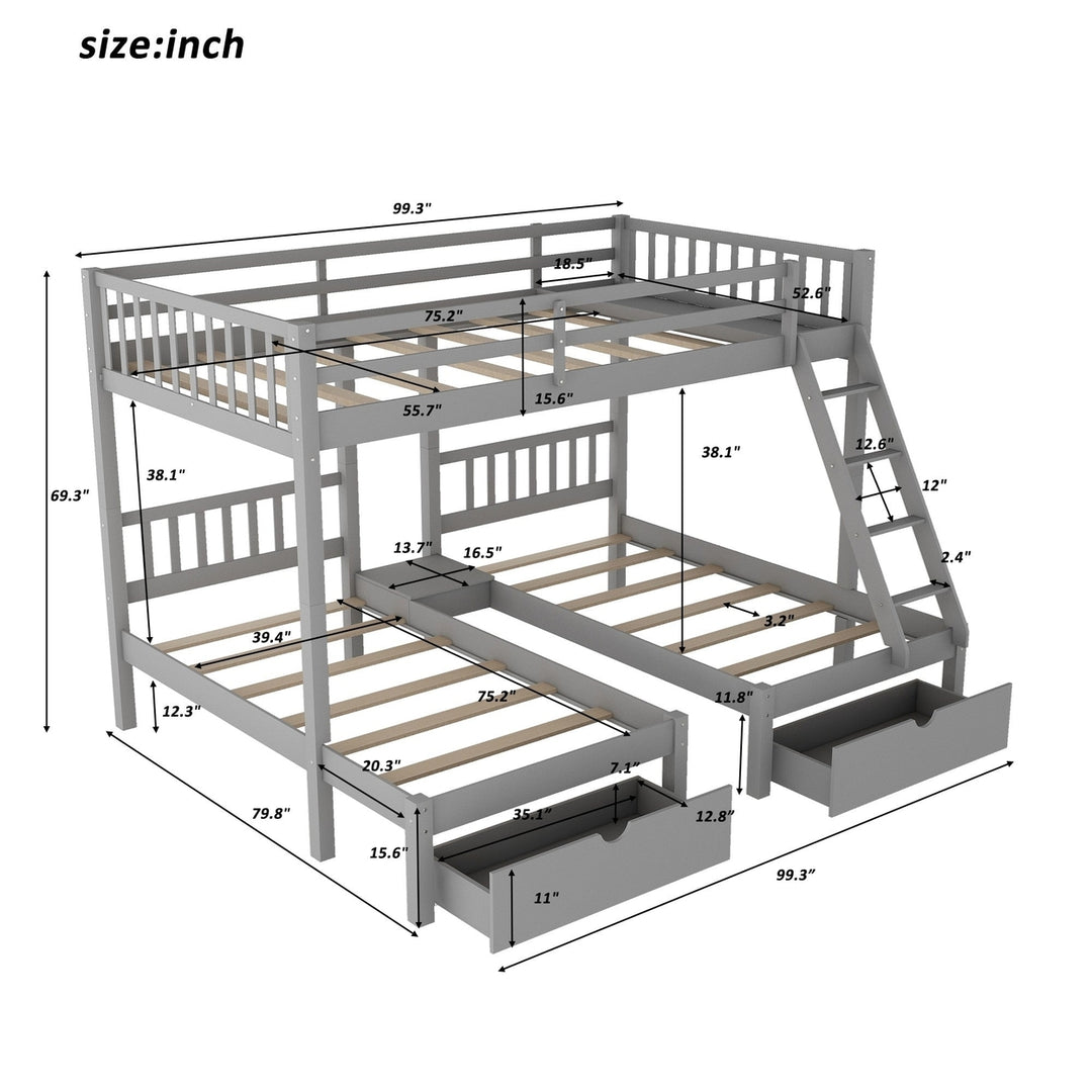 Gray Full Over Double Twin Triple Bunk Beds with Drawers Image 9