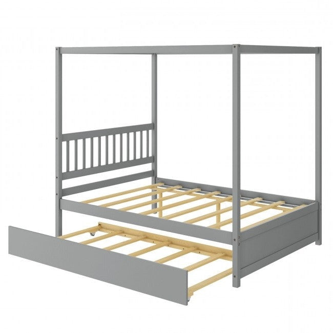 Gray Full Size Canopy Platform Bed with Twin Roller Trundle Bed Image 1