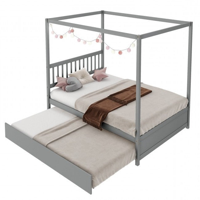 Gray Full Size Canopy Platform Bed with Twin Roller Trundle Bed Image 2