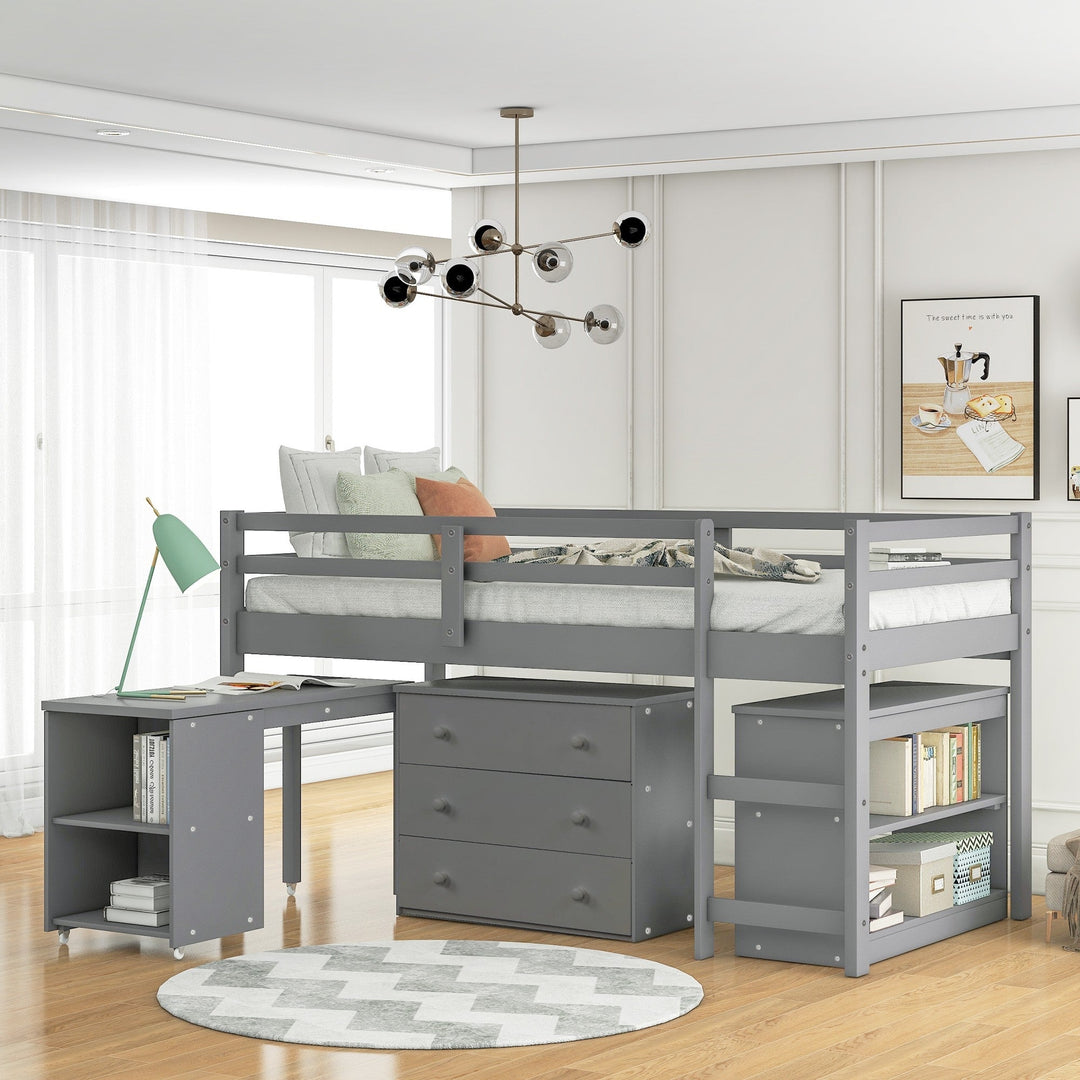 Gray Low Twin Loft Bed With Cabinet and Desk Image 1