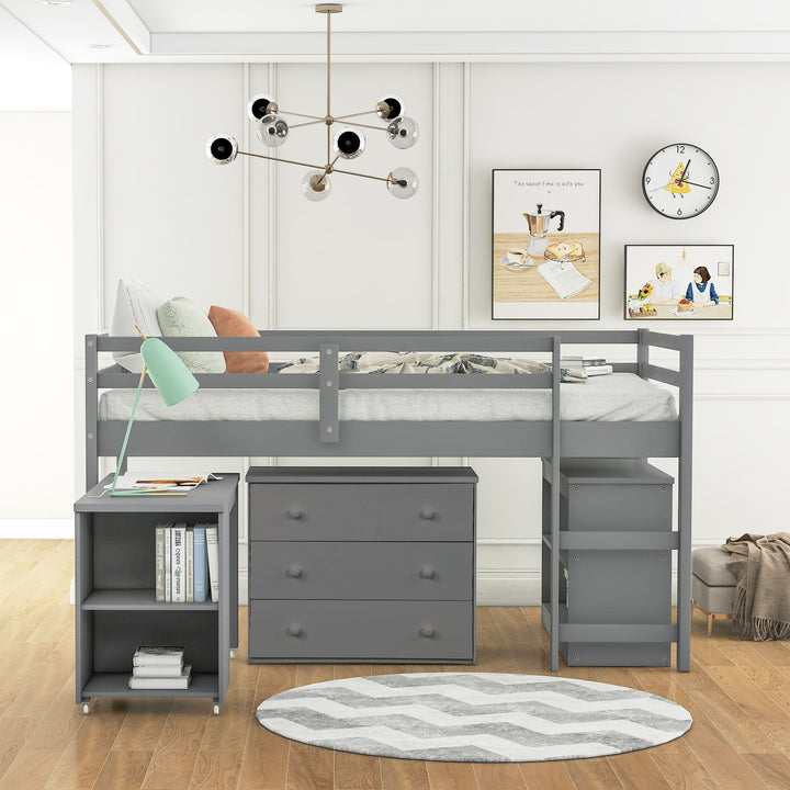 Gray Low Twin Loft Bed With Cabinet and Desk Image 2