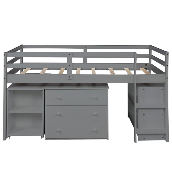 Gray Low Twin Loft Bed With Cabinet and Desk Image 3