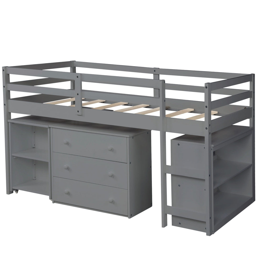 Gray Low Twin Loft Bed With Cabinet and Desk Image 5