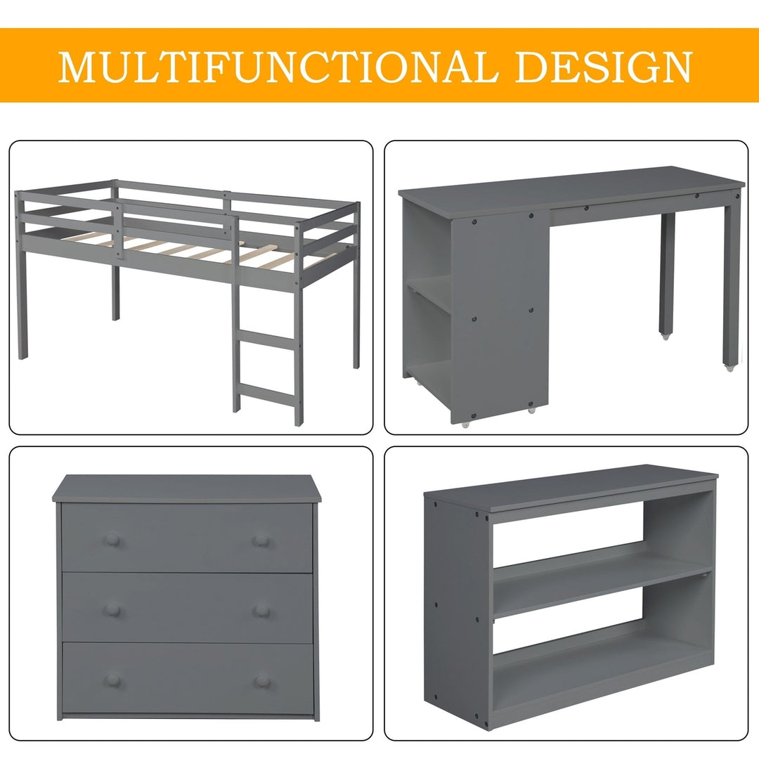 Gray Low Twin Loft Bed With Cabinet and Desk Image 6