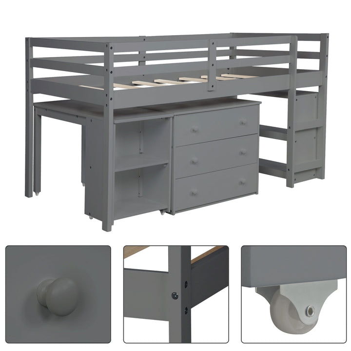 Gray Low Twin Loft Bed With Cabinet and Desk Image 7