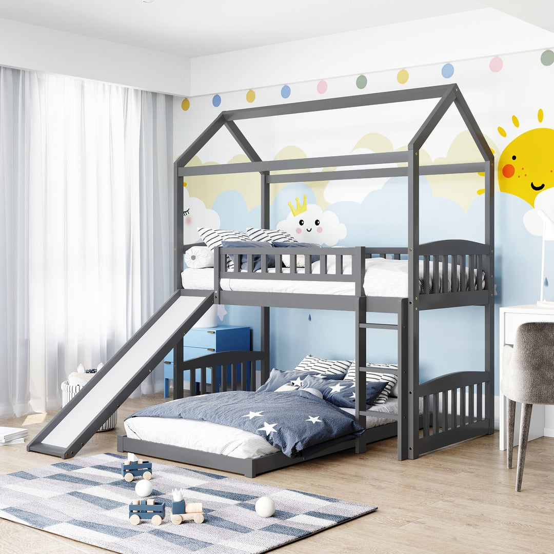 Gray Playhouse Frame Full Over Full Perpendicular Bunk Bed with Slide Image 1