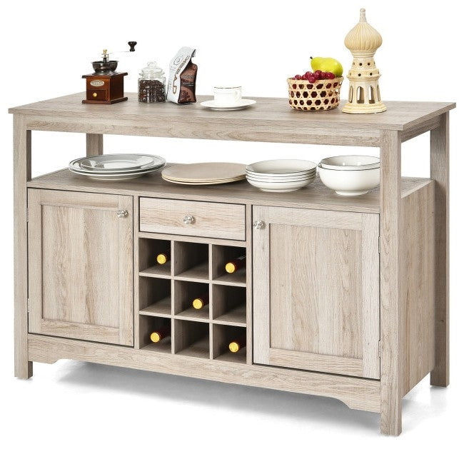 Gray Oak Buffet Server 9 Bottle Wine Cabinet Console Image 2