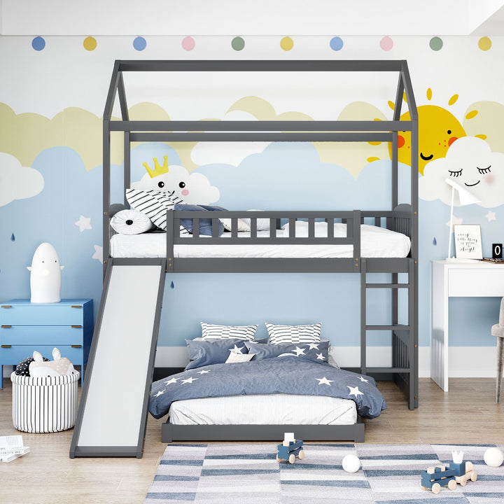 Gray Playhouse Frame Full Over Full Perpendicular Bunk Bed with Slide Image 2