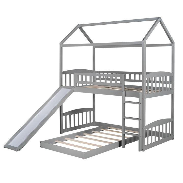 Gray Playhouse Frame Full Over Full Perpendicular Bunk Bed with Slide Image 3