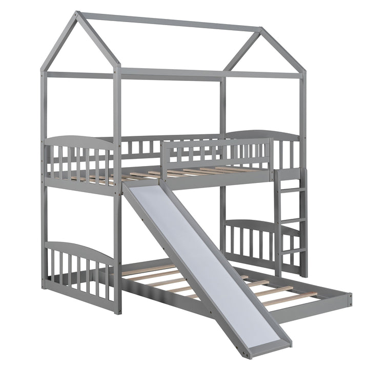 Gray Playhouse Frame Full Over Full Perpendicular Bunk Bed with Slide Image 4