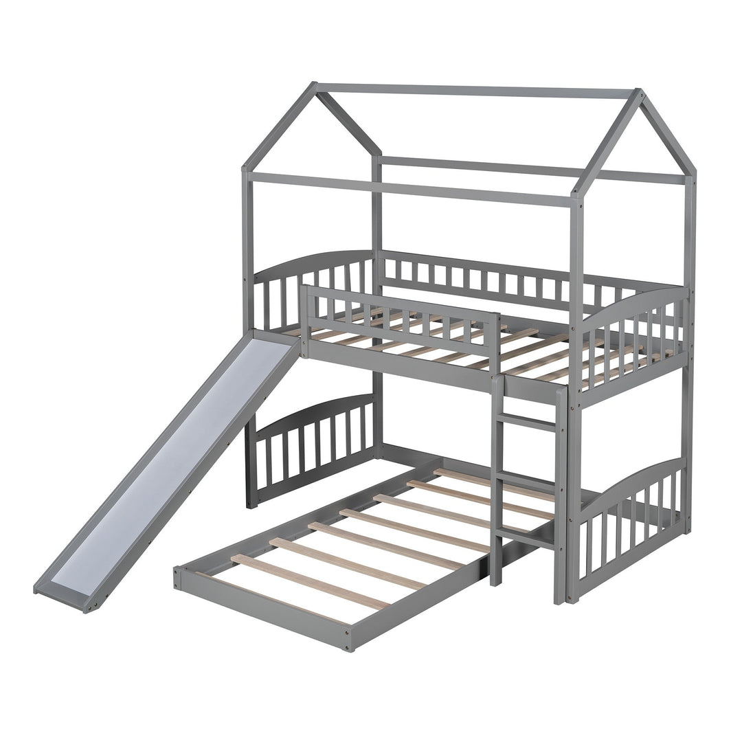 Gray Playhouse Frame Full Over Full Perpendicular Bunk Bed with Slide Image 6