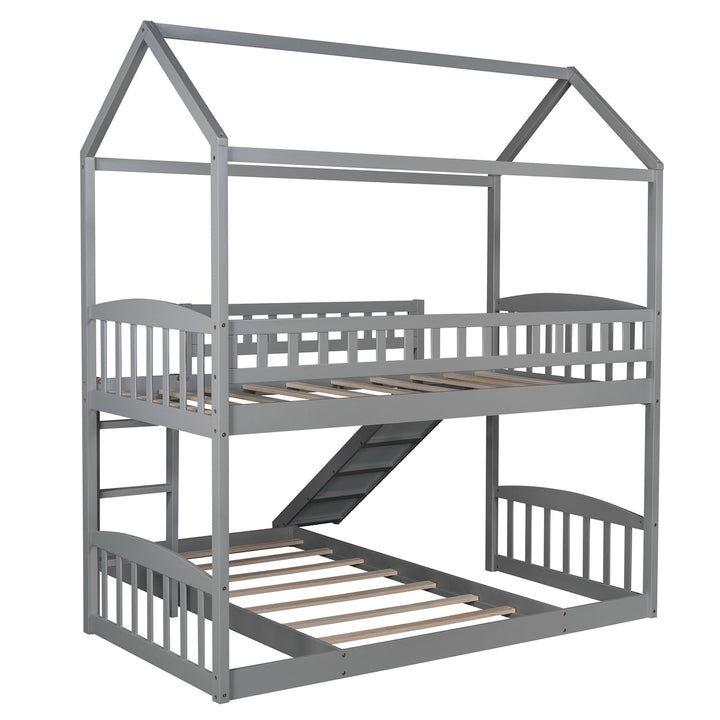 Gray Playhouse Frame Full Over Full Perpendicular Bunk Bed with Slide Image 7