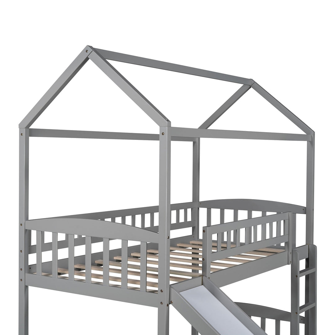 Gray Playhouse Frame Full Over Full Perpendicular Bunk Bed with Slide Image 8