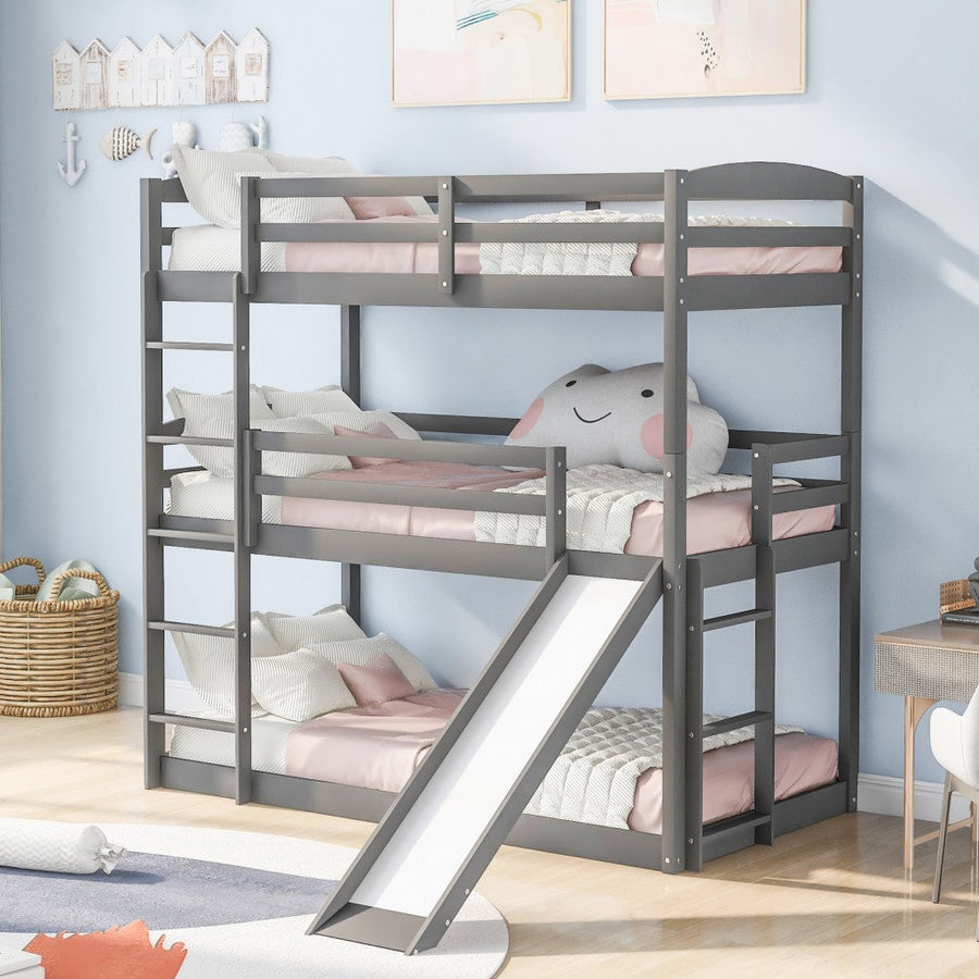 Gray Triple Bunk Twin Sized Bed with Slide Image 1