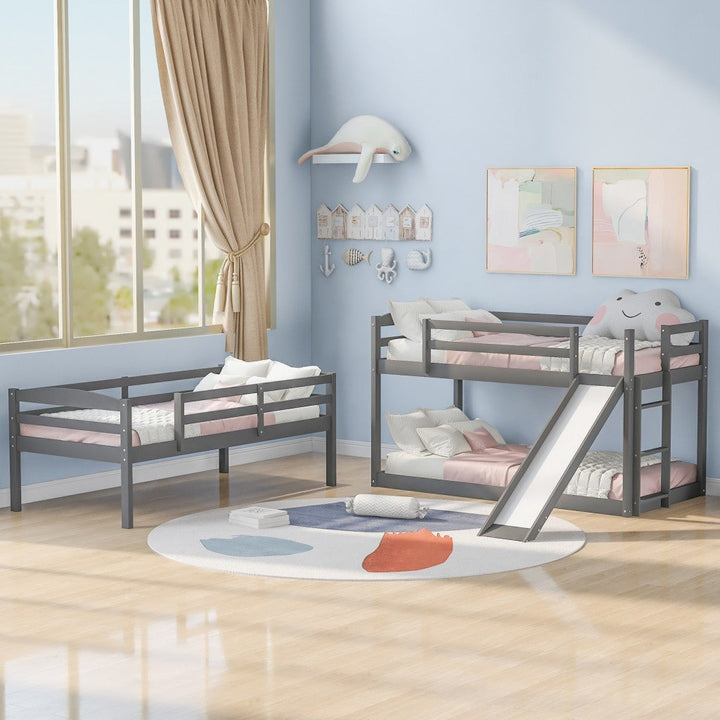 Gray Triple Bunk Twin Sized Bed with Slide Image 2