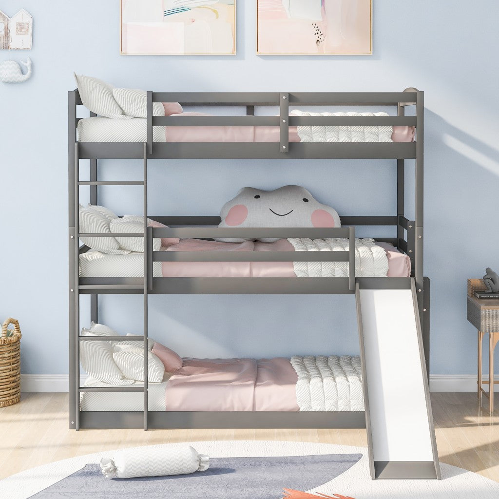 Gray Triple Bunk Twin Sized Bed with Slide Image 3