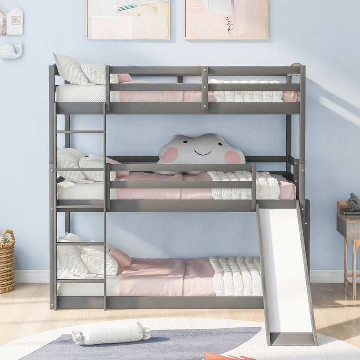 Gray Triple Bunk Twin Sized Bed with Slide Image 3