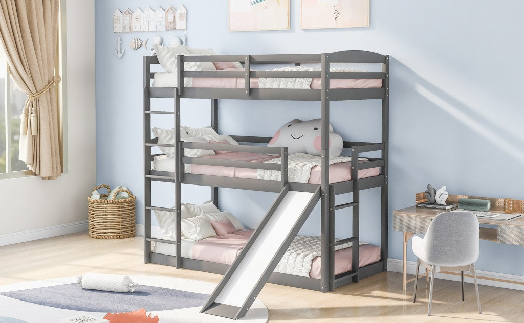 Gray Triple Bunk Twin Sized Bed with Slide Image 4