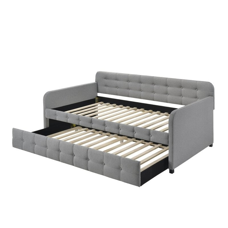 Gray Tufted Polyester Linen Twin Daybed with Trundle Image 1