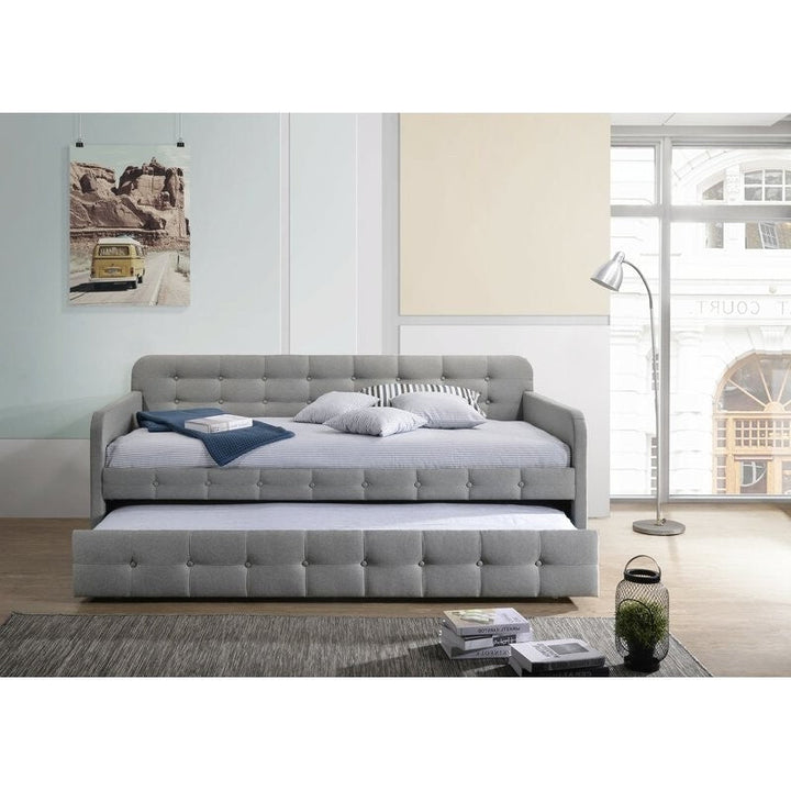 Gray Tufted Polyester Linen Twin Daybed with Trundle Image 4