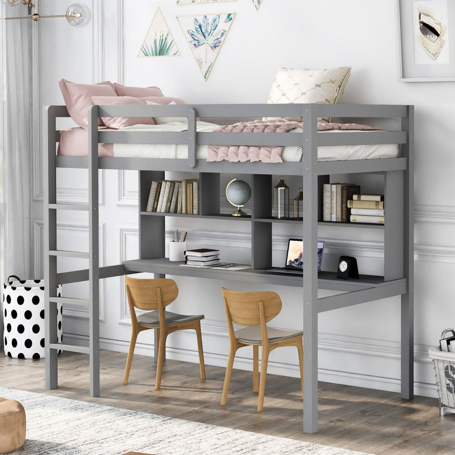 Gray Twin Loft Bed With Desk and Shelves Image 1