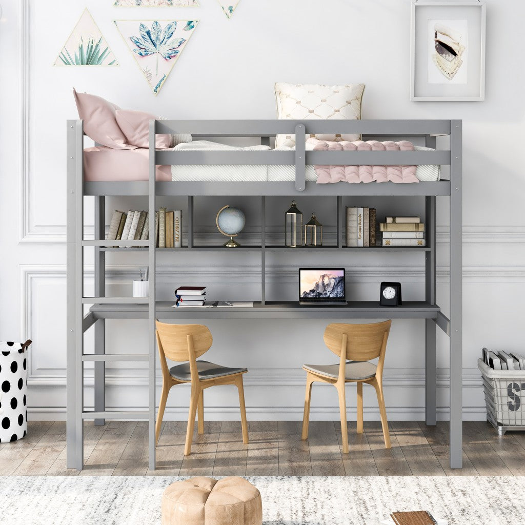 Gray Twin Loft Bed With Desk and Shelves Image 2