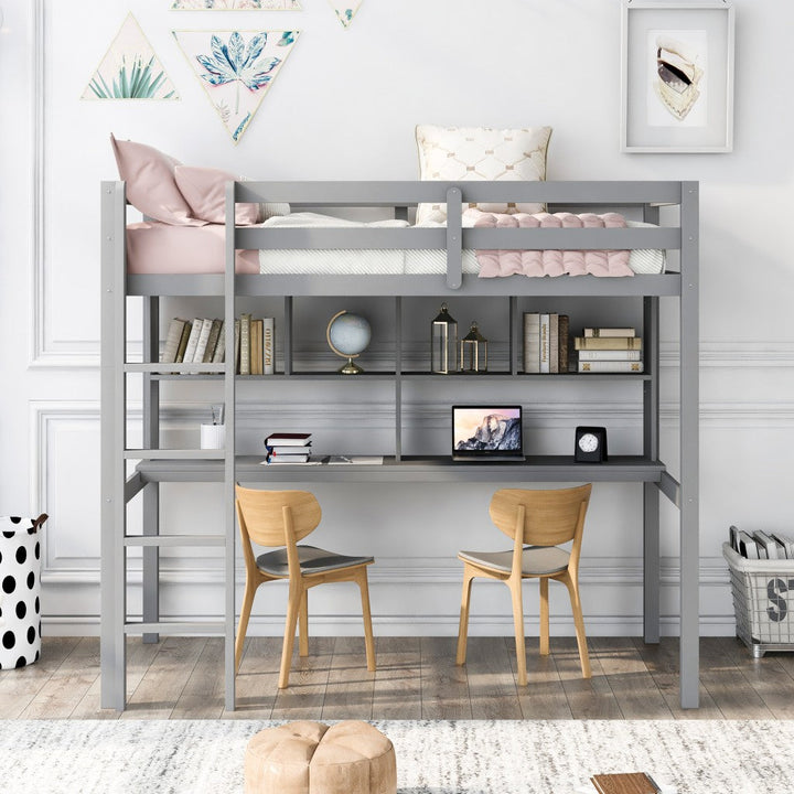 Gray Twin Loft Bed With Desk and Shelves Image 2