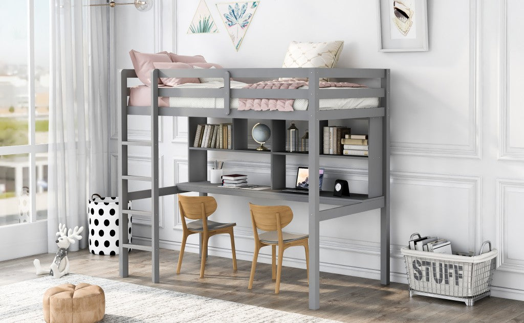 Gray Twin Loft Bed With Desk and Shelves Image 3