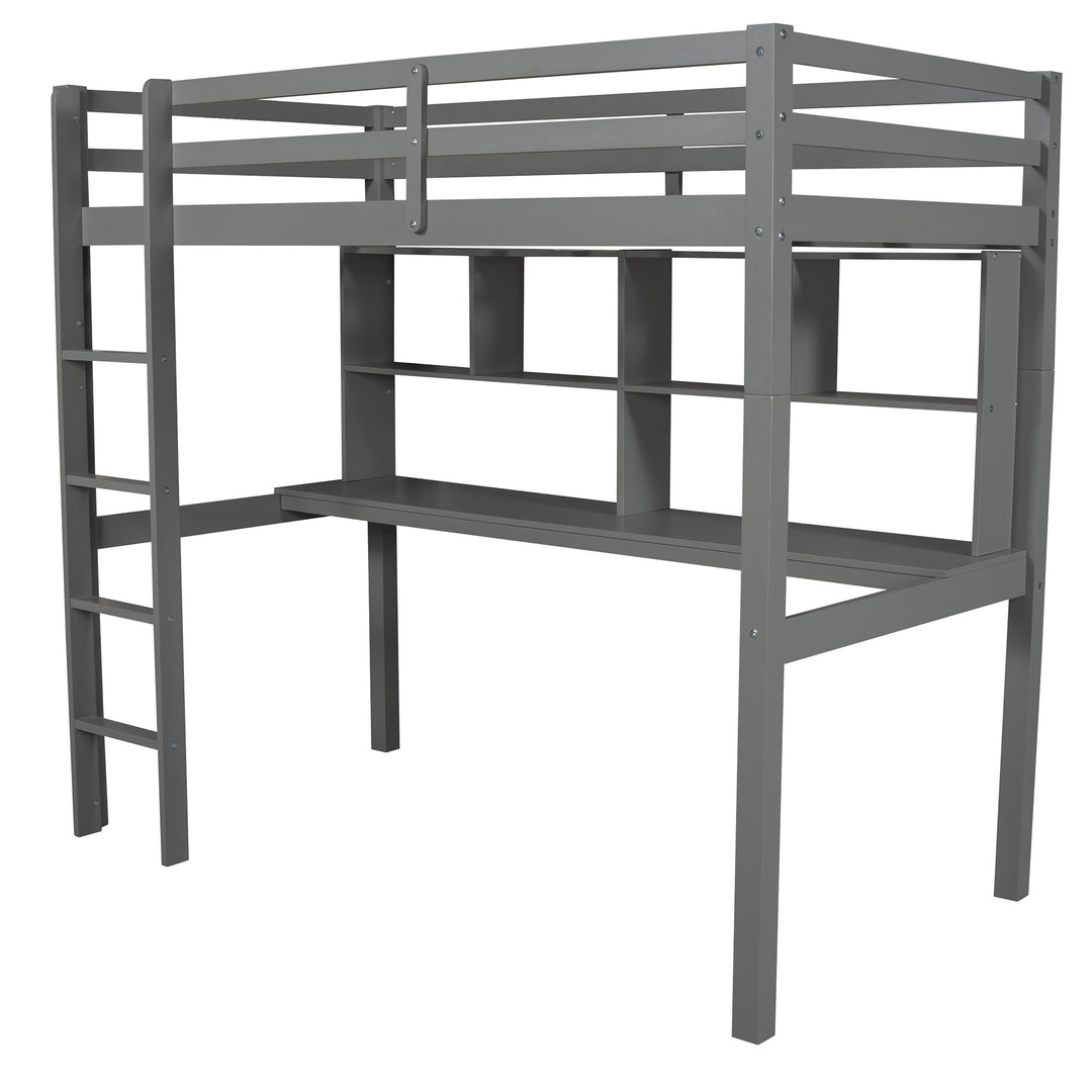 Gray Twin Loft Bed With Desk and Shelves Image 5